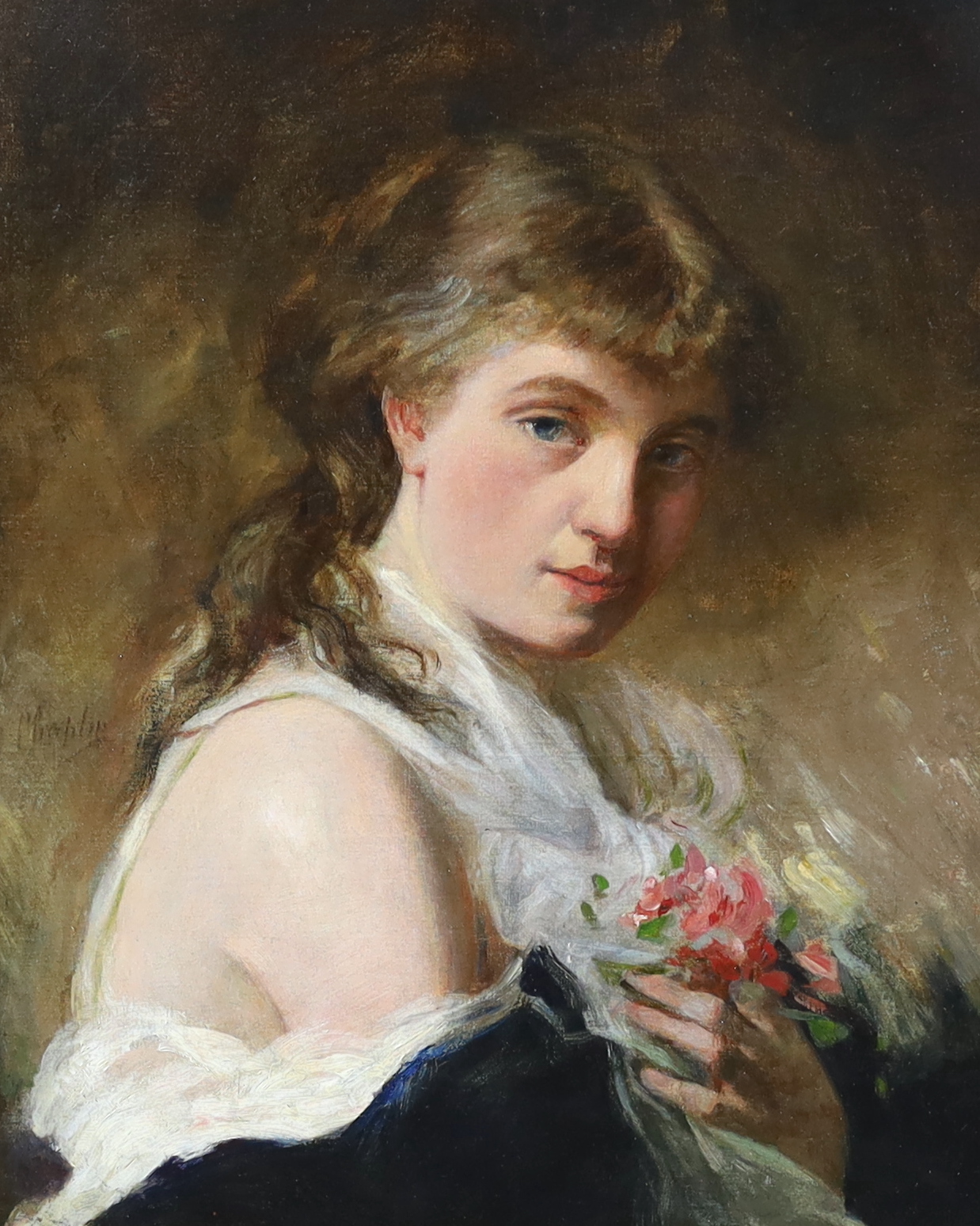 Charles Joshua Chaplin (French, 1825-1891), Portrait of a young beauty holding a bouquet of flowers, oil on canvas, 45 x 37cm